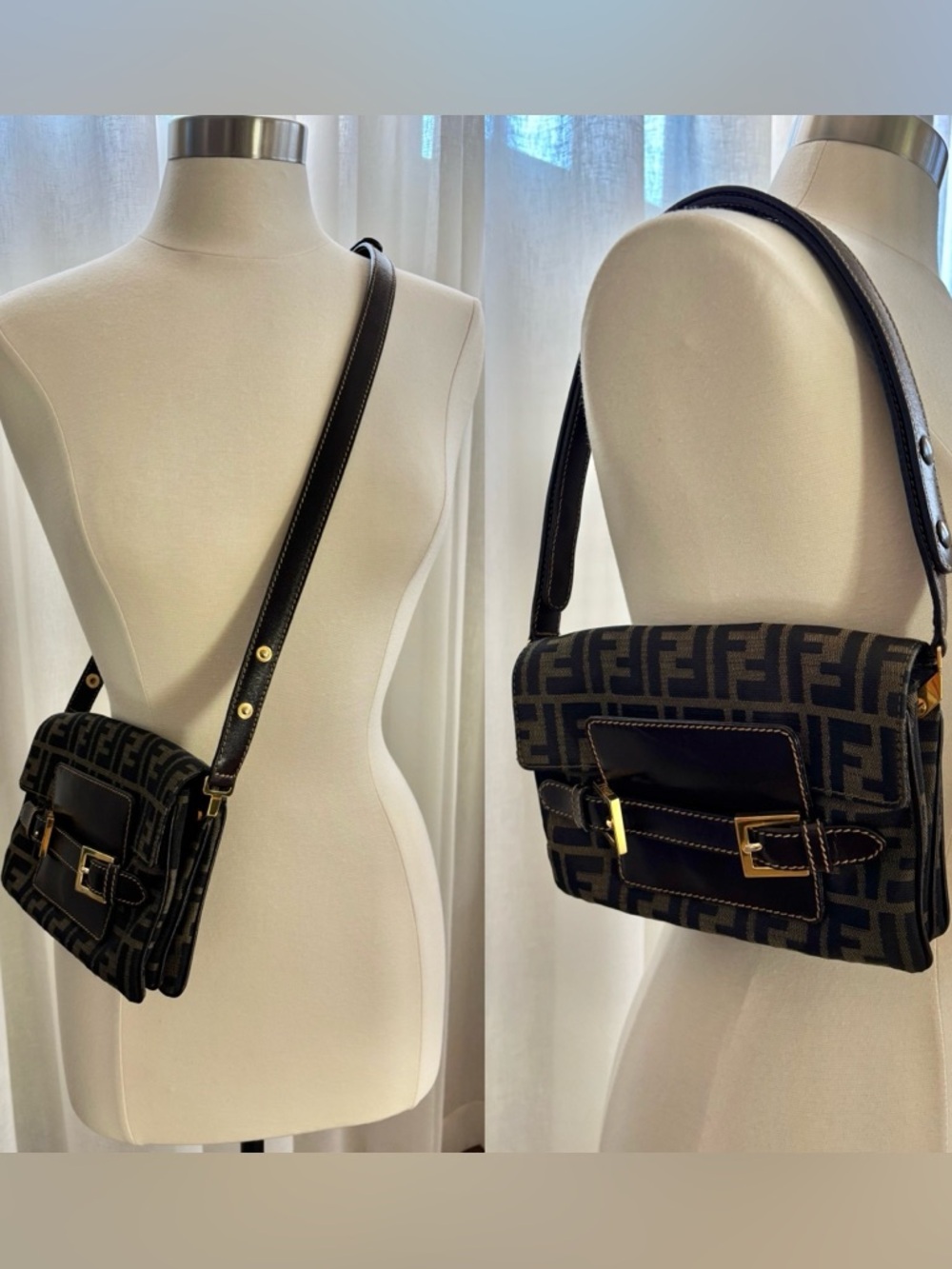 Fendi Zucca Canvas Brown Leather Shoulder 2 ways